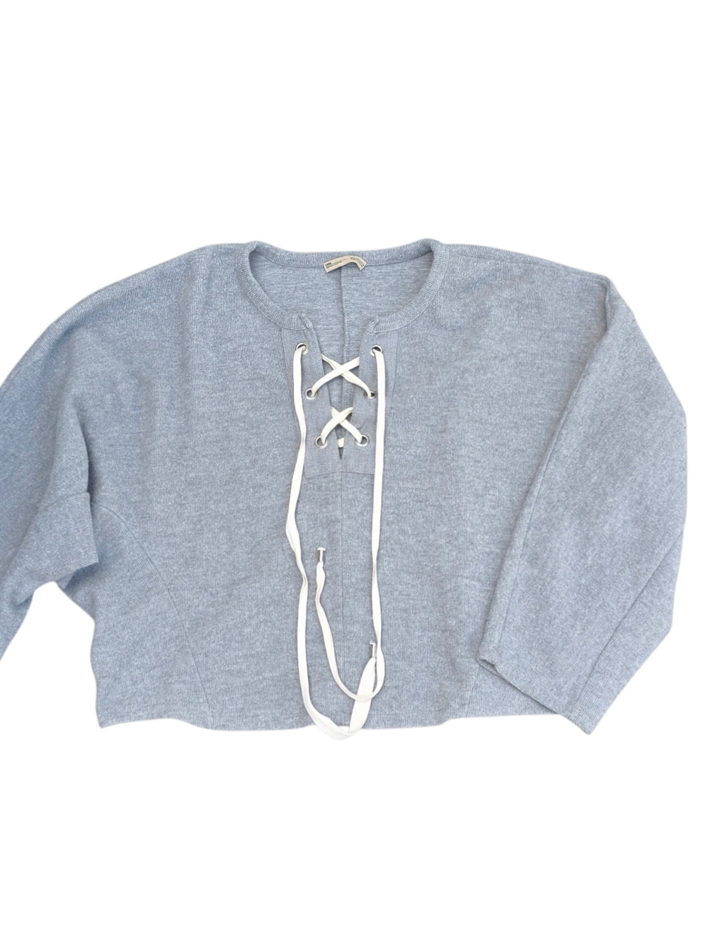 Zara Knit Lace Up Sweater Women's Small Gray Cropped Boxy Oversized Pullover